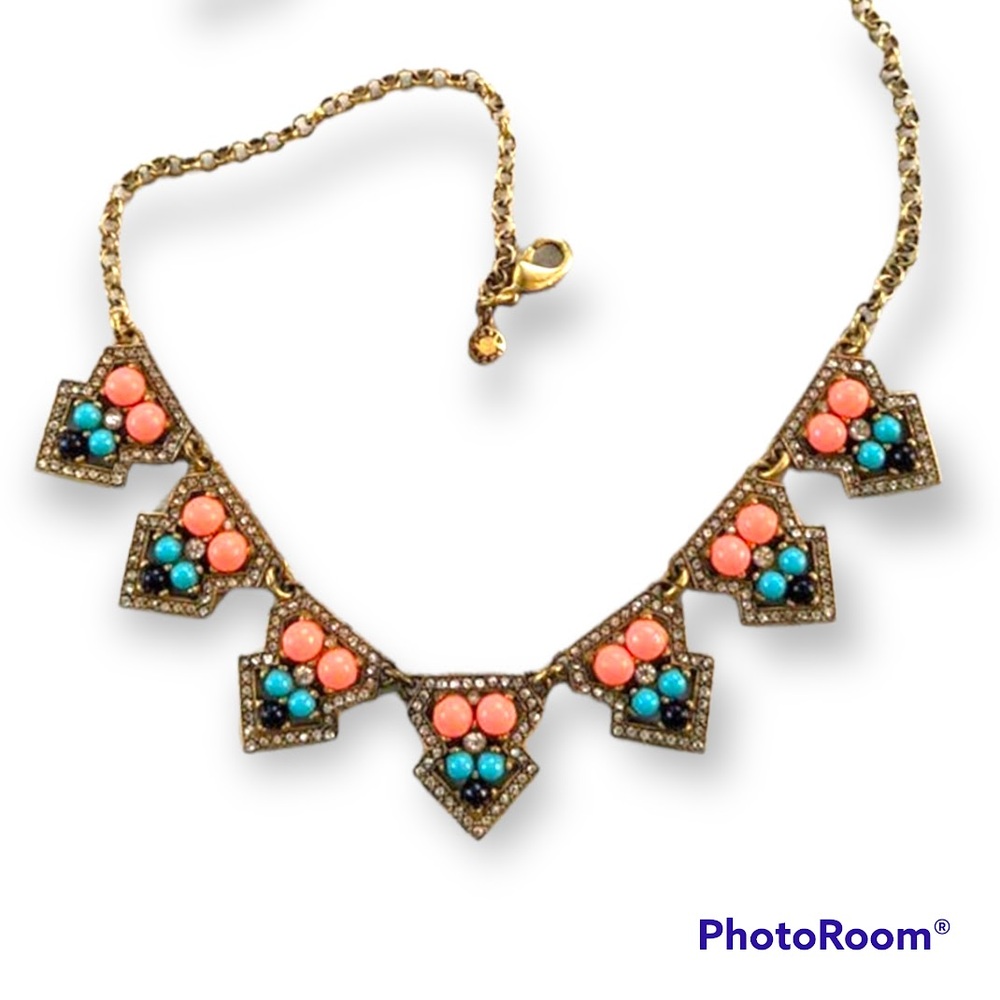 J. Crew antiqued gold tone orange/peach & blue statement necklace, rhinestones